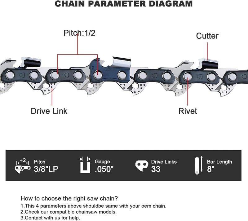 V-MODEST 3 Pack 8 Inch Chainsaw Chain Blade for PORTLAND 62896, 68862, 63190 56808, Replacement for Harbor Freight Pole Saw and Portland 62896 63190 68862-33DL 3/8" LP .050" Gauge - Image 3